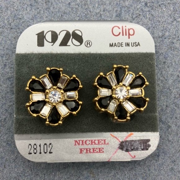 1928 Clip On Earrings Black Gold Rhinestone Star Flower Asterisk Vintage Retro - Picture 2 of 7